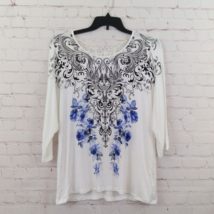 Signature Studio Top Womens Large White Floral Crochet Lace 3/4 Sleeve Boho - £13.87 GBP