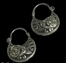 Vtg 925 Sterling Silver Rose Floral Openwork Handmade Hoop Earrings - £58.97 GBP