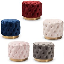Round Velvet Ottoman Button Tufted Brushed Stainless Gold Base – 5 Color Options - £166.90 GBP