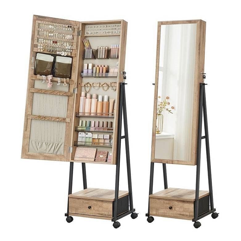 Industrial Modern Metal Wood Jewelry Armoire Cabinet Organizer Mirror on... - $257.59