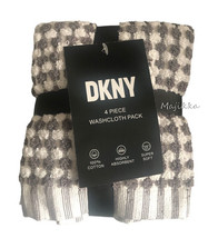 DKNY Set of 4 Face Wash Cloths Soft Cotton Dark Gray White Gingham Facecloths - £26.12 GBP