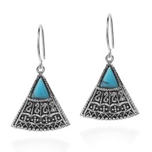 Balinese Art Triangle Shape Turquoise Sterling Silver Dangle Earrings - $11.08