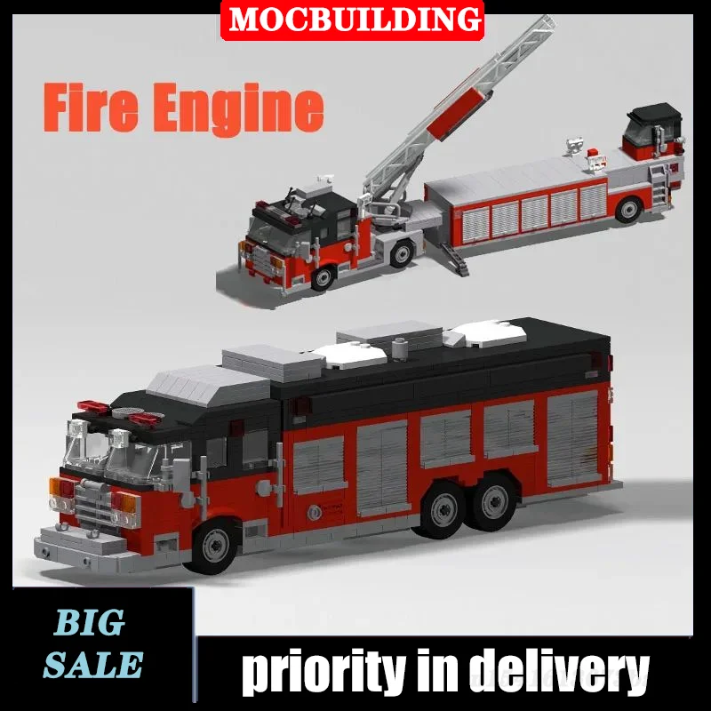 MOC City Fire Truck Transport Vehicle Rescue Tower Ladder Model Building Blo - £96.76 GBP+