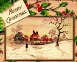 Merry Christmas Holly Framed Cabin Scene Embosssed Gilt 1908 Postcard - $6.88