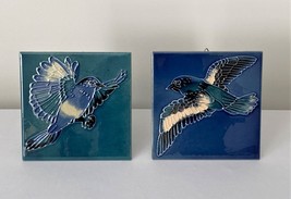 Vintage Set of 2 Bird Tiles w/ Hangers and Stand Blue Birds in Flight Chinese - £19.54 GBP