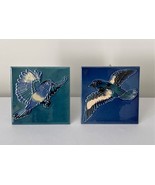 Vintage Set of 2 Bird Tiles w/ Hangers and Stand Blue Birds in Flight Ch... - £19.22 GBP