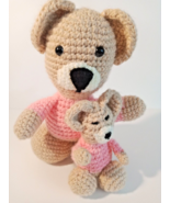 Vtg HANDMADE KNIT CROCHET Plush Brown  Momma &amp; Baby Mouse Pink Plush Nur... - $9.67 CAD