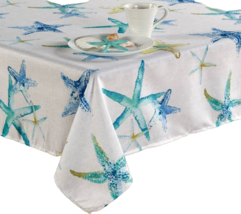 Printed Textured Fabric Tablecloth, 60&quot;x84&quot; Oblong, Sealife, Starfish, Sandy, Bm - $24.74