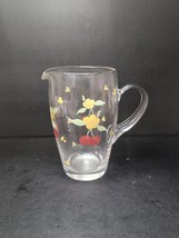 Hand Painted Glass Pitcher Cherries And Flowers Vintage Red Yellow - $21.72 CAD