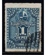 1877 Uruguay 1 Peso used Gem 4 margins Coat of Arms flag sun horse - $47.00
