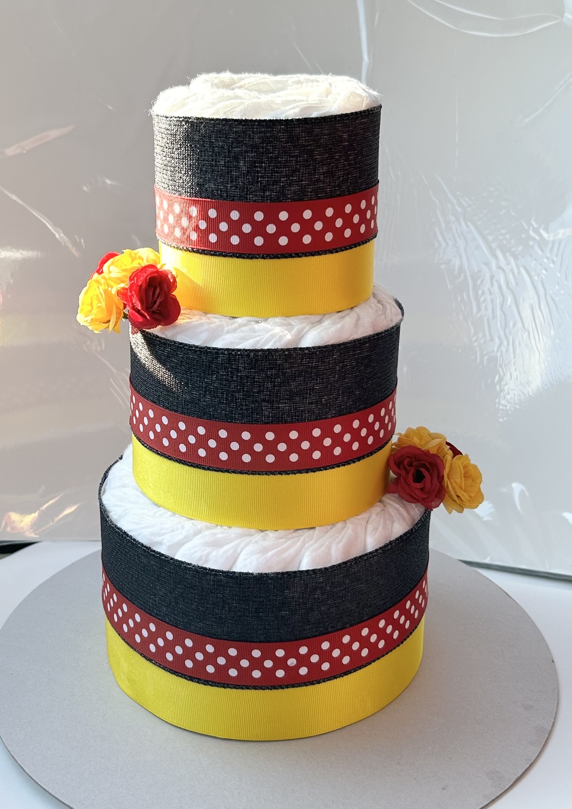 Disney Minnie Mouse Polka Dot Themed Baby Shower Red Black Yellow Diaper Cake