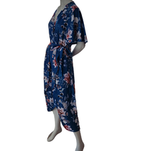 Sheilay Faux Wrap Midi Dress Size Large Floral Teal Short Flutter Sleeves - £17.30 GBP
