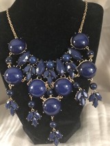 Vintage Navy Blue Bib Statement Necklace Cabochons &amp; Beads Gold Tone 15”... - £10.28 GBP