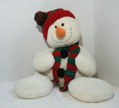 Russ Plush Winter holiday cream chenille snowman red green striped hat s... - $15.58