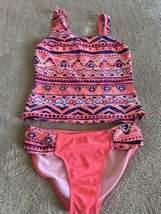 Girls Hot Pink Orange Blue White Hearts Geometric Tankini 2 Piece Swim Suit 12 - £9.63 GBP
