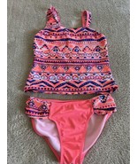 Girls Hot Pink Orange Blue White Hearts Geometric Tankini 2 Piece Swim S... - $16.80 CAD