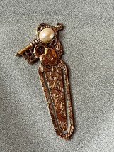 Estate Small Etched Goldtone w Faux Pearl Skeleton Key &amp; Lock Bookmark B... - £6.80 GBP