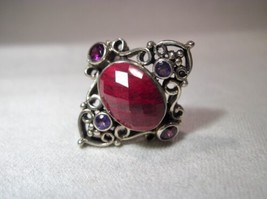 Signed NB Sterling Silver India Amethyst Faceted Red Stone Ring Size 8 K320 - £59.82 GBP