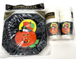 Vintage Halloween Plates and Cups Black Cat Jack O Lantern Plastic Dispo... - $31.00