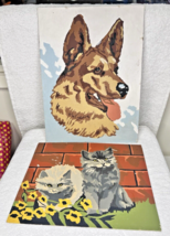 Pair Vintage Paint By Number PBN Kittens at Brick Wall German Shepard Painted - £21.95 GBP