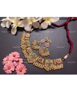 VeroniQ Trends-South Indian Gold Plated Kemp Stone Pachi Kundan Necklace- - £153.39 GBP