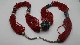 Vintage Asian Ethnic Red Blue Accent Faux Coral Long Necklace 32&quot; - £30.21 GBP