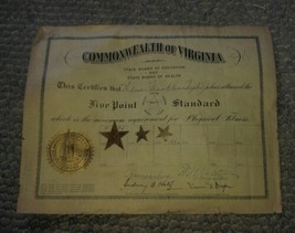 VTG 1930s Commonwealth Of Virginia Five Point Standard Physical Fitness Cert - £19.97 GBP