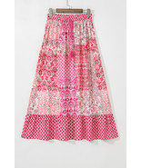 Red Boho Pattern Print Tassel Drawstring Elastic Waistband Maxi Skirt - $19.79 CAD