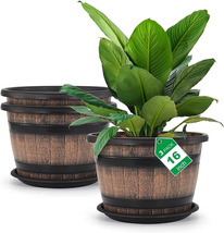 Large Plastic 3 Pack16 Inch Plant Pots,Whiskey Barrel Planters with Drainage Hol - £69.40 GBP