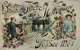 Man &amp; Woman Talk On Antique TELEPHONES-WHEN Are You Coming To C ME~1908 Postcard - £9.32 GBP