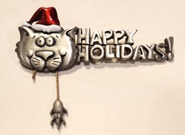 JJ Jonette Christmas Santa Cat Brooch Pin Happy Holidays Pewter Hanging Mouse - £15.14 GBP