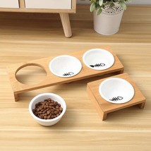 Stylish Bamboo And Ceramic Cat Dog Feeder Bowls - £24.51 GBP+