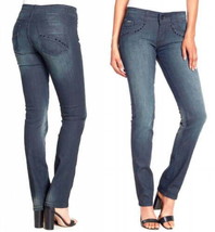 Vertigo Embellished Jeans 28 Blue $180 Straight Leg Shimmering Black Stones NWT - £51.43 GBP