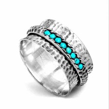 Boho Style Wide Hammered Ring Inlaid Tone Turquoise ston Rotatable For Releasing - £15.66 GBP