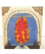 Art Tile Red Chiles Hanging Drying Us As Wall Decor Or Hot Plate Signed - $32.06 CAD