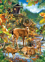 FRAMED CANVAS ART PRINT giclee log cabin deer family wildlife forest - £29.54 GBP+