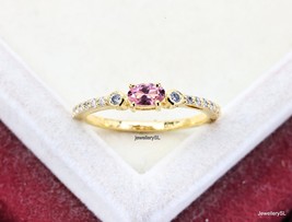 14K Yellow Gold Dainty Pink Tourmaline ring, 925 Silver tourmaline tiny ring,  - £23.72 GBP