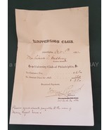 1897 antique UNIVERSITY CLUB phila pa RECEIPT Rich Cadbury signed Harry ... - £33.51 GBP