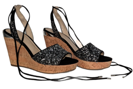 Guess Womens Cork Platform Wedge Shoes Sandals Ankle Tie Black Silver Em... - £18.50 GBP