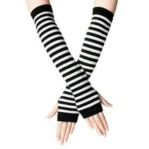 Fingerless Thumb Gloves Arm Warmers Striped Ladies Women Mitten Black an... - £2.97 GBP