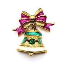 Vintage Christmas Bell Brooch, Holiday Red and Gold Lapel Pin, Whimsical... - £19.73 GBP