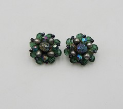 Vintage Cluster Bead Clip On Earrings Iridescent Blue Green Germany - $19.99