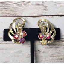 Vintage Clip On Earrings Gold Tone and Iridescent Red Gems - One Gem Mis... - $7.99