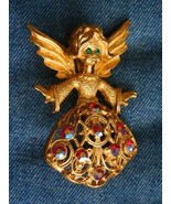 Elegant Iridescent Red Rhinestone Gold-tone Angel Brooch 1960s vintage 2... - £11.71 GBP