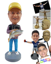 Personalized Bobblehead Casual Fisherman  holding a big prize winner fish wearin - £71.55 GBP