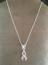 Necklace Breast Cancer Awareness Silver Ribbon Dangle Charm Pendant 18&quot; Pink Cz - £6.92 GBP