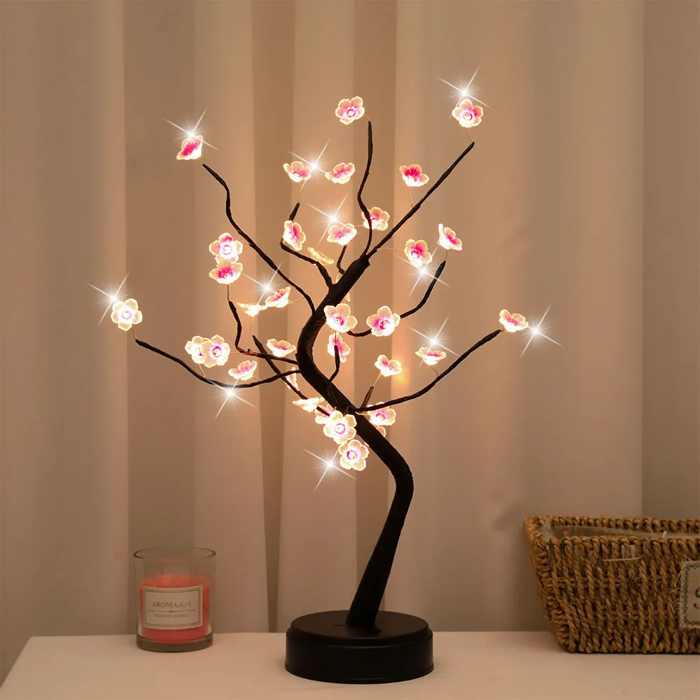 Ttery powered touch switch warm white artificial bonsai cherry blossom desktop tree led thumb200