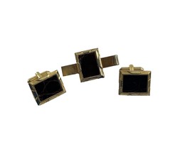 Vintage Wales Cuff Links Tie Tack Metal Textured Gold Tone Squared Leather Set - £19.78 GBP