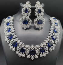 Bollywood Style Indian 18k White Gold Filled CZ Necklace Sapphire Jewelry Set - £112.99 GBP