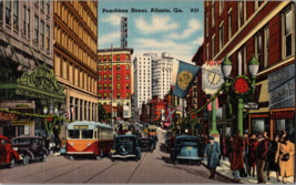 Vtg Postcard Peachtree Street, Old Street Scene Parked Cars Bus, Atlanta, GA - £6.87 GBP